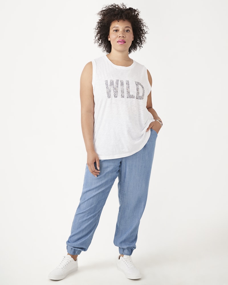 Plus size model with apple body shape wearing Heather Drawstring Jogger by Molly&Isadora | Dia&Co | dia_product_style_image_id:161168